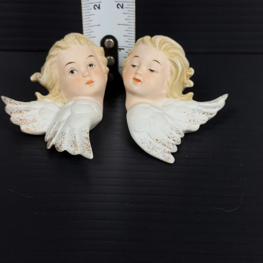 Vtg Lefton Wall Bisque Porcelain White Angel Cherub Set Gold Accent KW2342